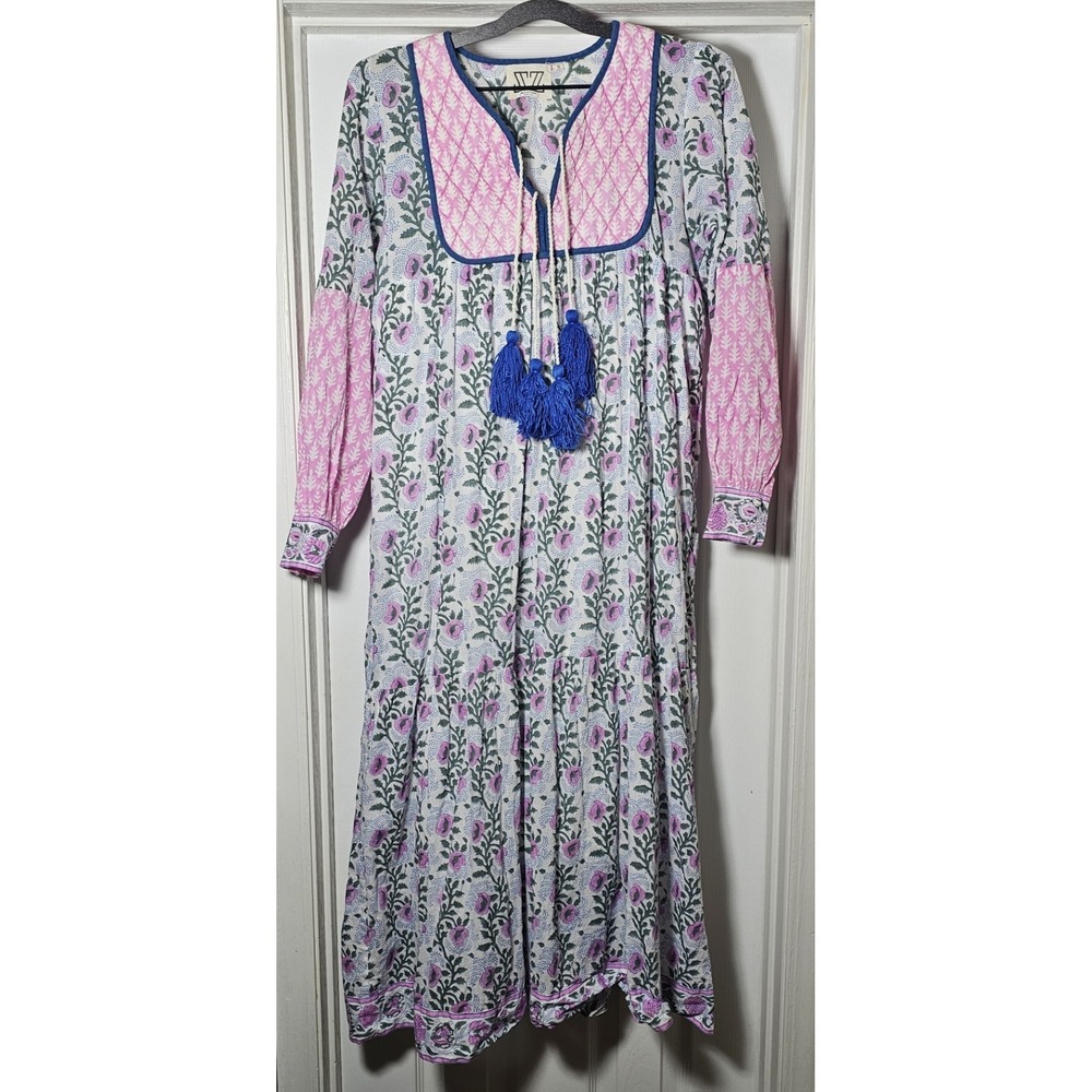 SZ BlockPrints Maxi Dress Small Pink Green Block Prints Boho Tuckernuck Tassels